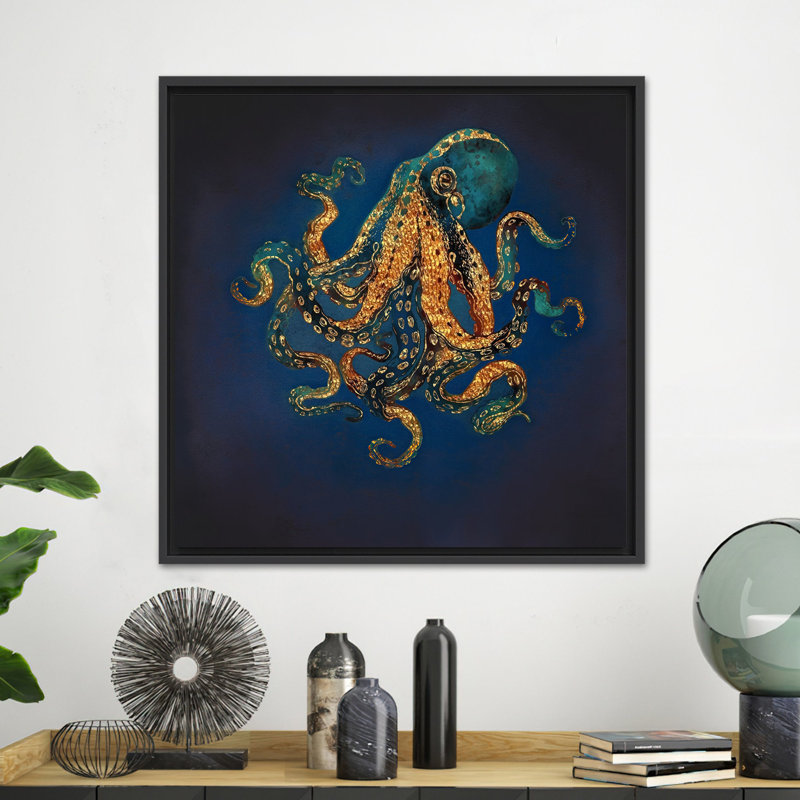 Toile de pieuvre dorée, impression sur toile, 1P, encadré noir, H: 59,1 po x l: 59,1 po