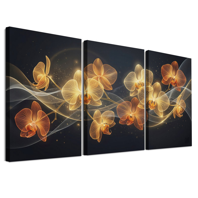 Orchidées translucides incandescentes sur fond sombre, ensemble de 3 toiles, H 36 po x l 24 po x 3 pièces