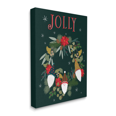Jolly And Merry Christmas Gnomes Floral Poinsettia Wreath by Darlene Seale - Graphic Art