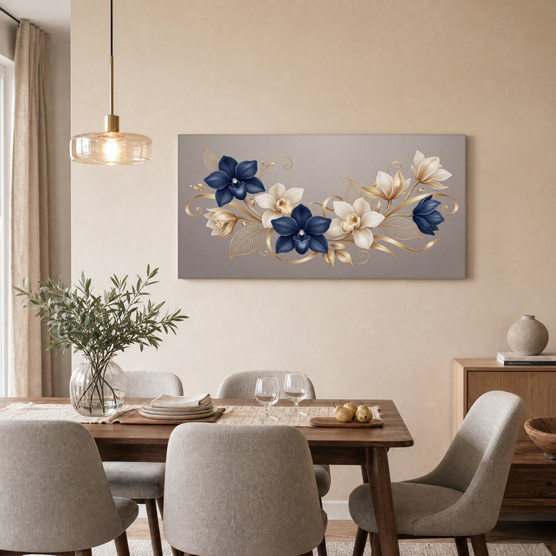 Impression sur toile orchidées bleu marine et crème avec feuilles dorées, L 32 po x H 16 po