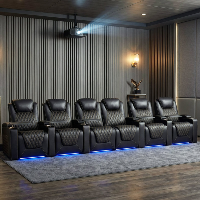 Siège de cinéma inclinable en cuir véritable avec éclairage ambiant à DEL 7 couleurs, appui-tête réglable, charge USB, porte-gobelets et console de rangement