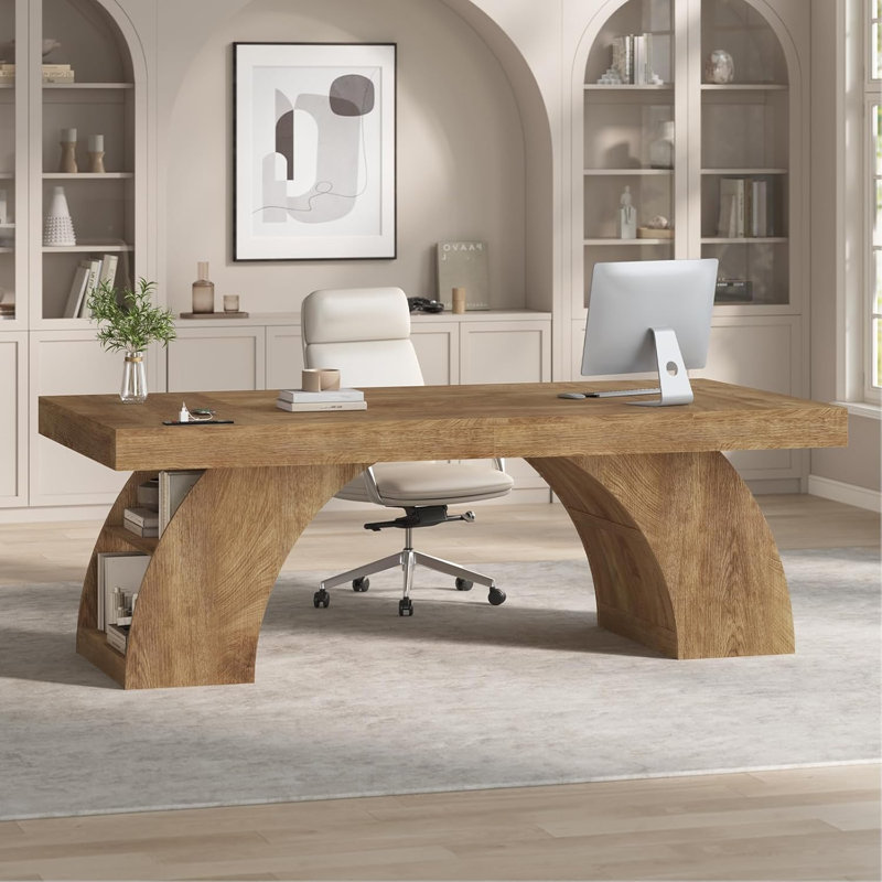 Bureau de direction 70,9 po, bureaux d'ordinateur modernes avec prise de courant et tablettes de rangement, poste de travail en bois pour bureau à domicile, chêne