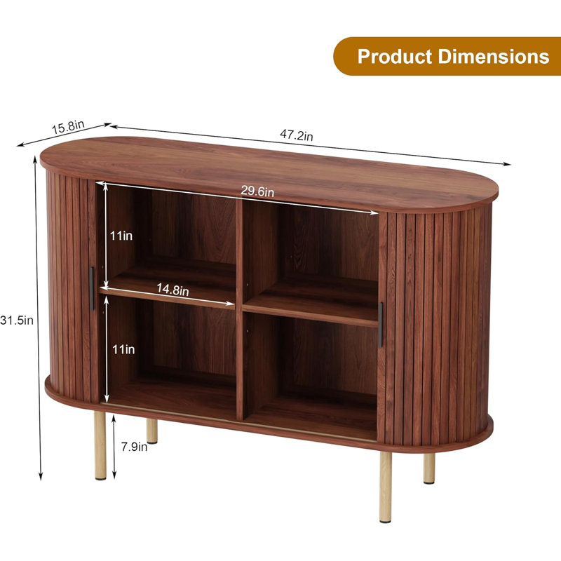 Buffet 47 po à lattes cannelées avec portes coulissantes, armoire de rangement d'appoint moderne en bois avec tablettes réglables, console avec armoires pour salon, cuisine, salle à manger, entrée, noyer