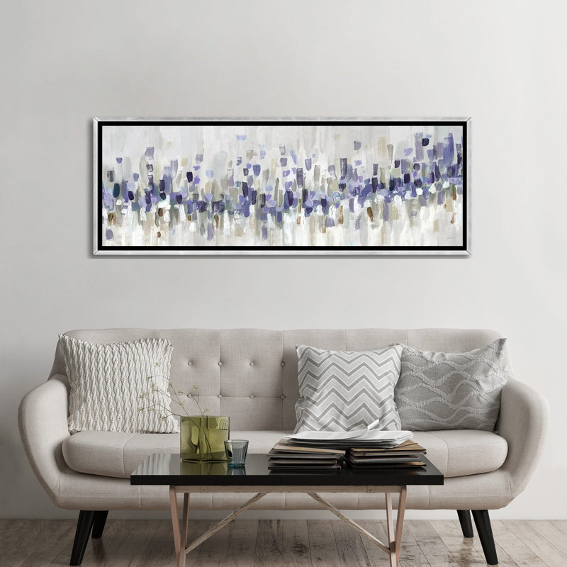 «Blue Staccato - Blue» par Katrina Craven, Encadrement argenté, H 12 po x l 36 po
