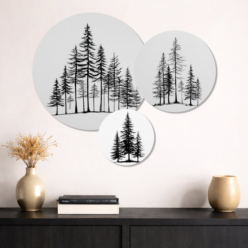 Forêt de pins au pays des merveilles d'hiver - Ensemble de 3 décorations murales en pin noir