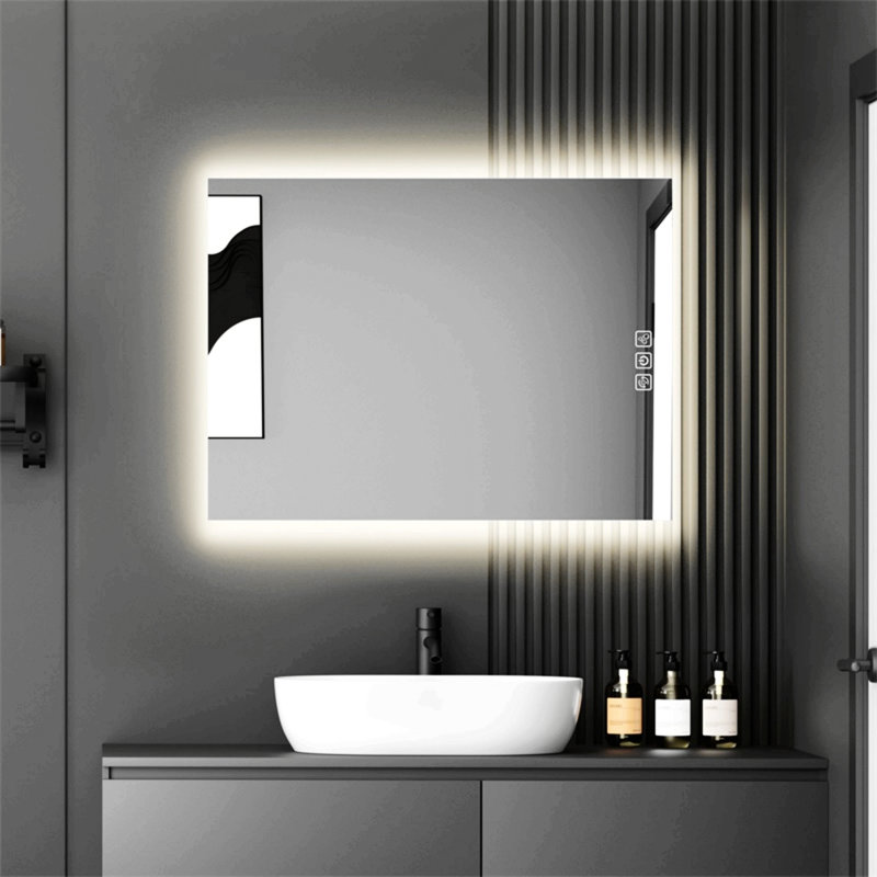 Miroir de salle de bain 32 po x 24 po à rétroéclairage DEL lumineux, 5 minutes de brouillard, miroir de meuble-lavabo mural pleine HD à réflexion, 3 lumières à intensité variable à intensité variable, CRI90 +, fonction mémoire, anti-buée