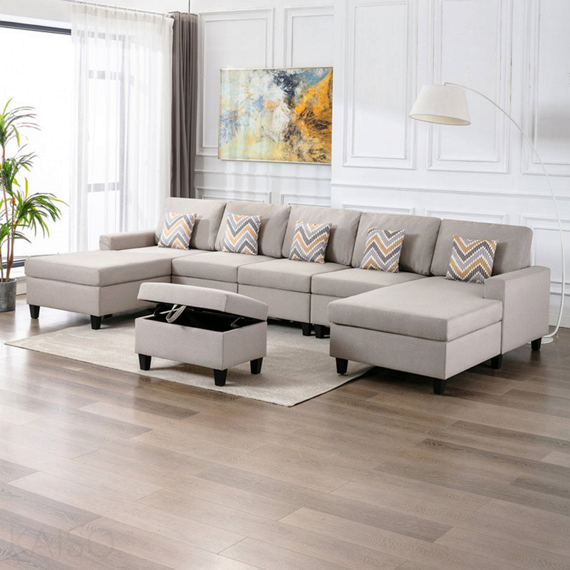 Canapé modulaire 152 po en lin et double 152 po avec pieds interchangeables, repose-pieds et coussins
