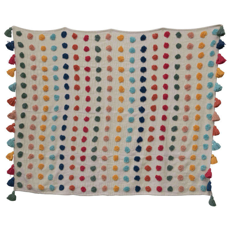 Jeté doux en coton tissé avec pois et pampilles touffetées