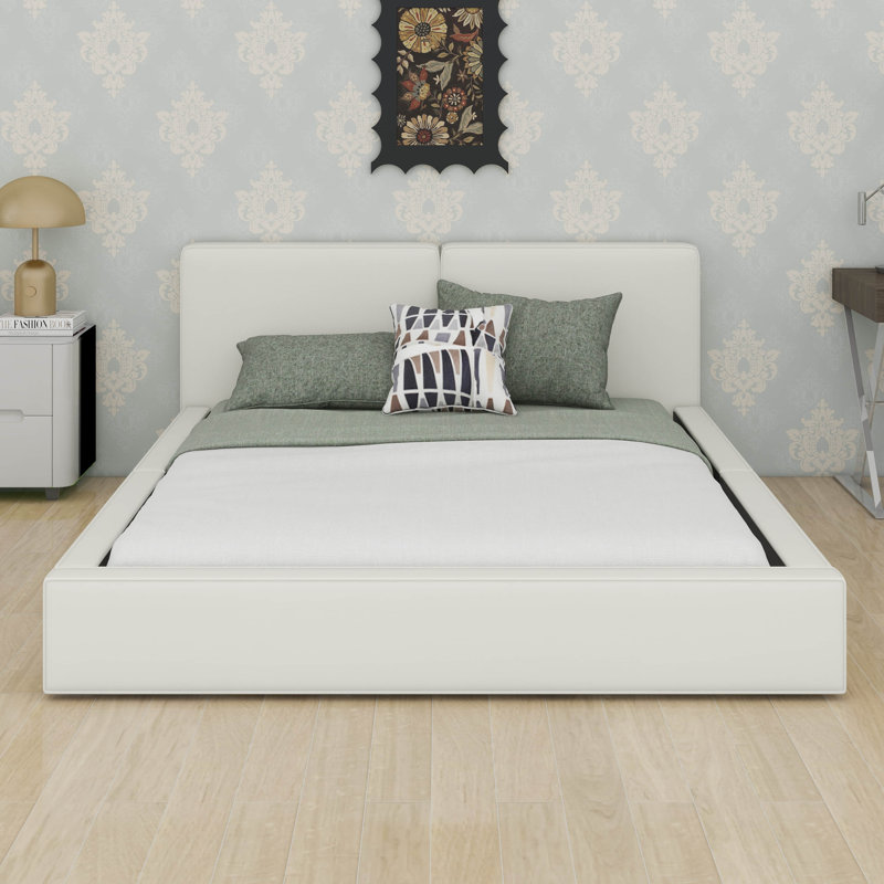 Lit plateforme tapissier grand format avec tête de lit en tissu épais de conception unique, cadre de lit plateforme en bois