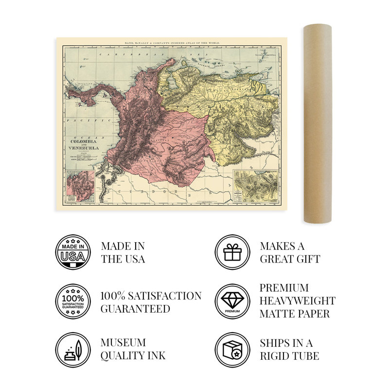 1898, carte de la Colombie et du Vénézuéla sur papier, H 24 po x l 36 po