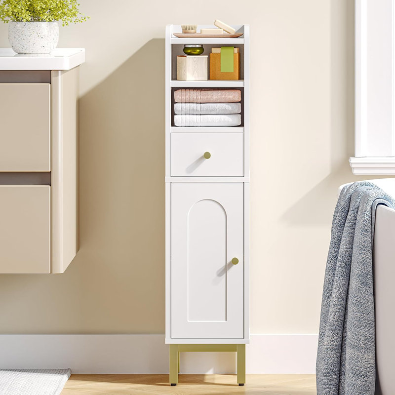 Bathroom Storage Cabinet, Corner Floor Cabinet with Drawers and Doors, Narrow Toilet Paper Holder, Bathroom Organizer with Adjustable Shelf, for Small Spaces, White