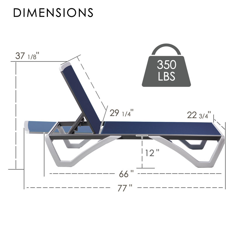 Kozyard Outdoor Chaise Lounge Chair, Full Flat Adjustable Patio Lounger with Aluminum Frame & Resin Legs, Textilene Fabric for Poolside, Backyard & Beach (Blue, W/O Table)