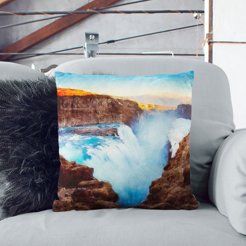 A Waterfall in Iceland Painting Scatter Cushion, 40cm H x 40cm W x 15cm D, Blue