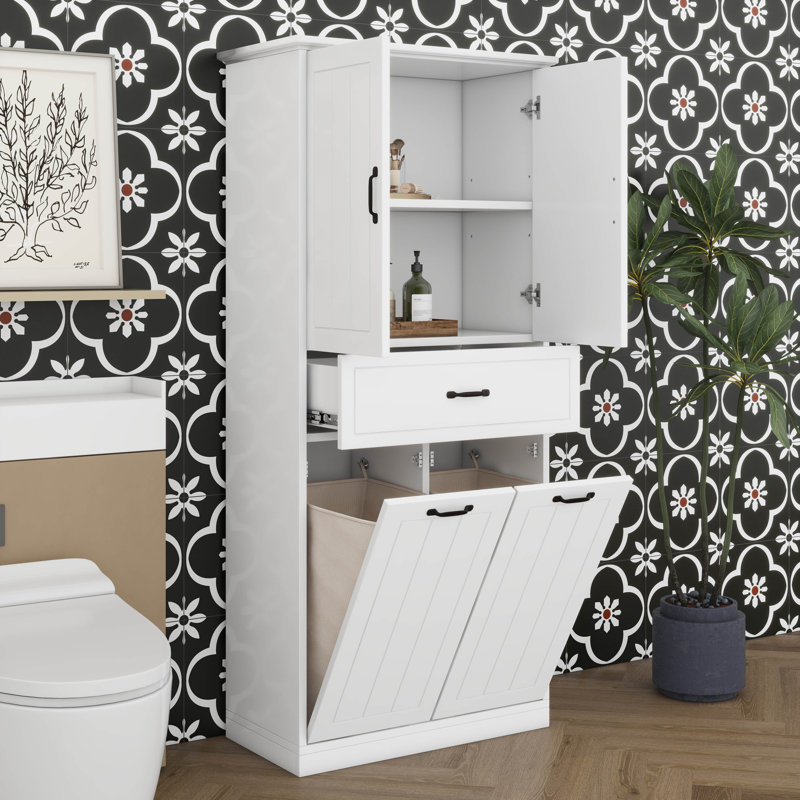 Armoire de rangement pour salle de bain avec 2 paniers à linge inclinables, armoire de salle de bain en bois avec tiroirs, portes et tablettes réglables
