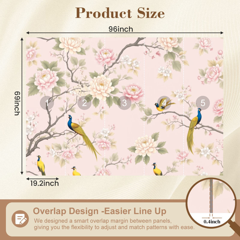 Papier peint auto-adhésif Chinoiserie Floral Vintage, L 96 po x l 69 po