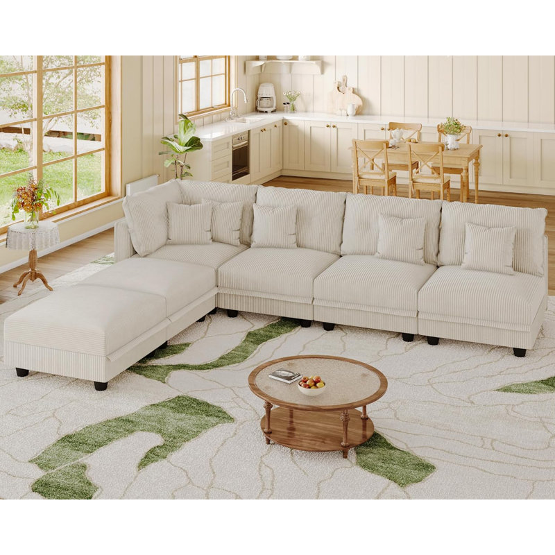 Degennaro 6 Seat Corduroy Convertible Modular Sectional Sleeper With Storage, Beige Corduroy