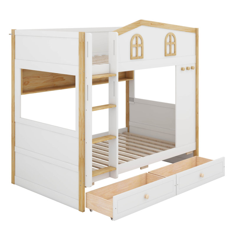 Lit superposé avec garde-corps en forme de maison et tablettes de rangement intégrées, cadre de lit superposé en bois massif avec tiroirs et crochets