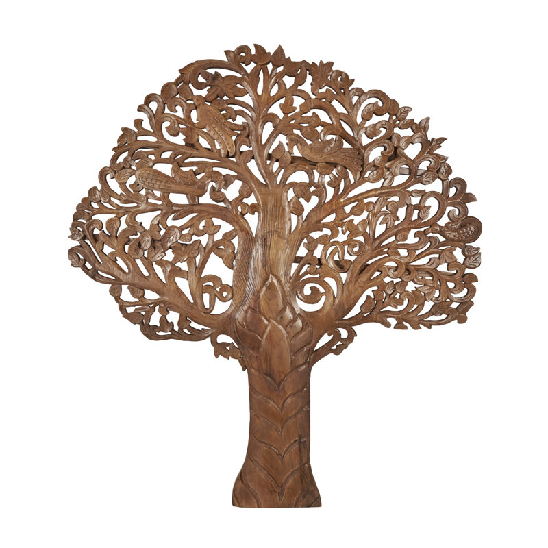 Décoration murale grand arbre sculpté en bois de manguier avec volutes, Brun
