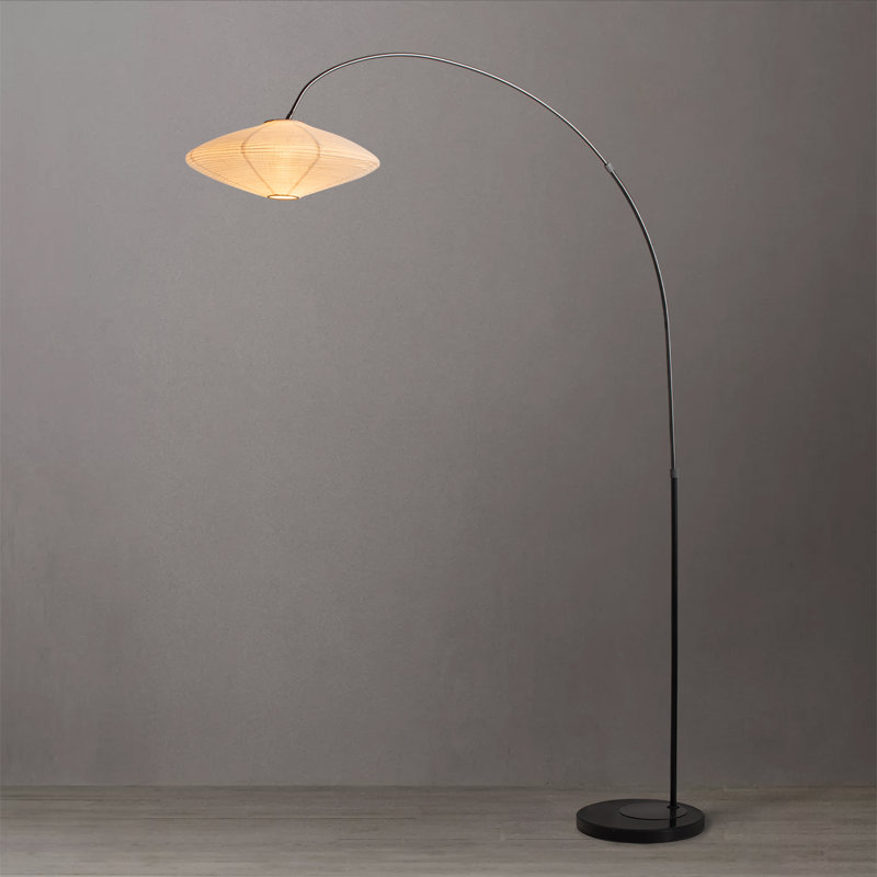 Roswell 1 Light Arc Floor Lamp - Matte Black Finish, Handcrafted Shinpuru-sa Linen-Cotton Shade, Black Marble Base, Dimmer