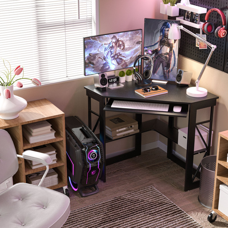 Lambrecht Corner Computer Desk with Smooth Keyboard and Storage Shelves, Farmhouse Triangle Computer Desk for Home Office, Living Room, Bedroom and Small Spaces