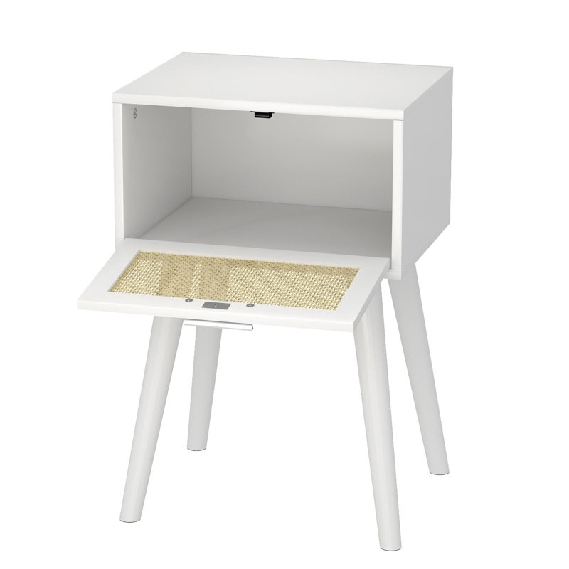 White Small End Tables with Rattan Doors, Set of 2