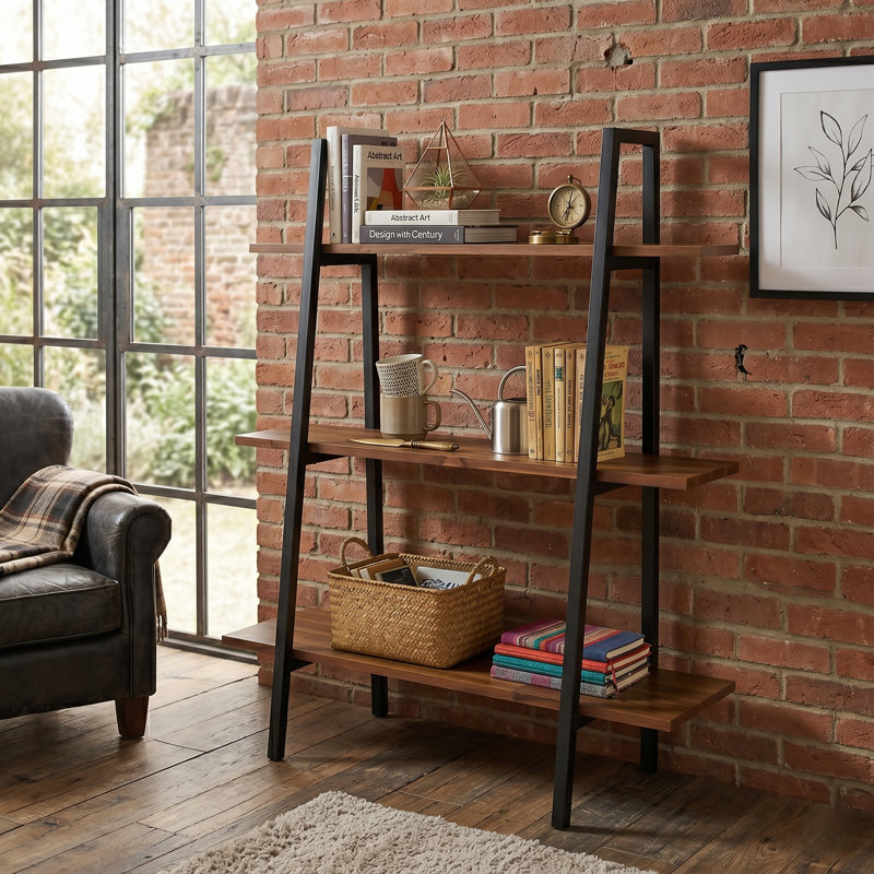 Solid Acacia Wood Ladder Bookshelf - 3-Tier Industrial Leaning Bookcase with Metal Frame - Easy Assembly Cherry Brown