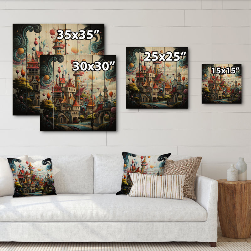 Château de rêve I - impression de châteaux sur bois de pin naturel, H 25 po x l 25 po x P 0,78 po