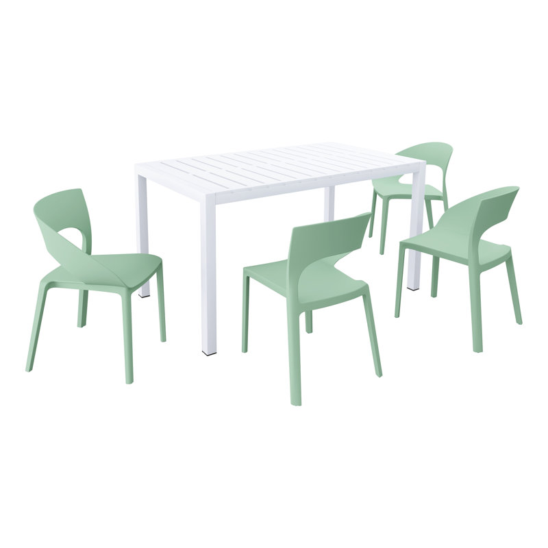 Ensemble de salle à manger moderne 5 pièces pour l'extérieur avec table de patio blanche 55 po et chaises empilables vert brume - Mobilier de jardin en polypropylène résistant aux intempéries