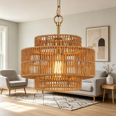 12.6 Inch Rattan Pendant Light Fixture, Vintage Farmhouse Hand-Woven Bamboo Mini Drum Wicker Chandelier, Golden Boho Pendant Lighting for Kitchen Island, Bedroom, Dining Room, Entryway, Foyer
