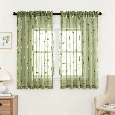 Sage Sheer Kitchen Curtains 2 Panels, Rod Pocket, Floral