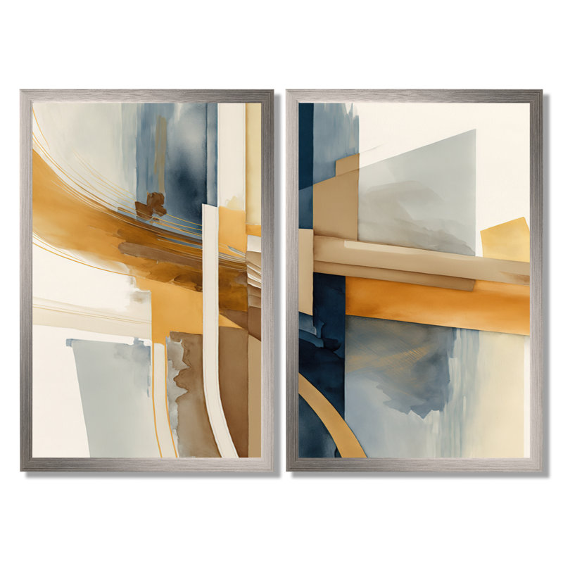 «Modern Modern Blue and Gold Abstract - Abstract Transitional Wall Decor», art mural encadré abstrait bleu 2 pièces, Brun