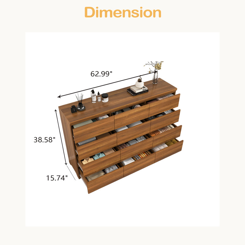Commode double 12 tiroirs, commode en bois moderne avec grand espace de rangement pour la chambre à coucher, Noyer
