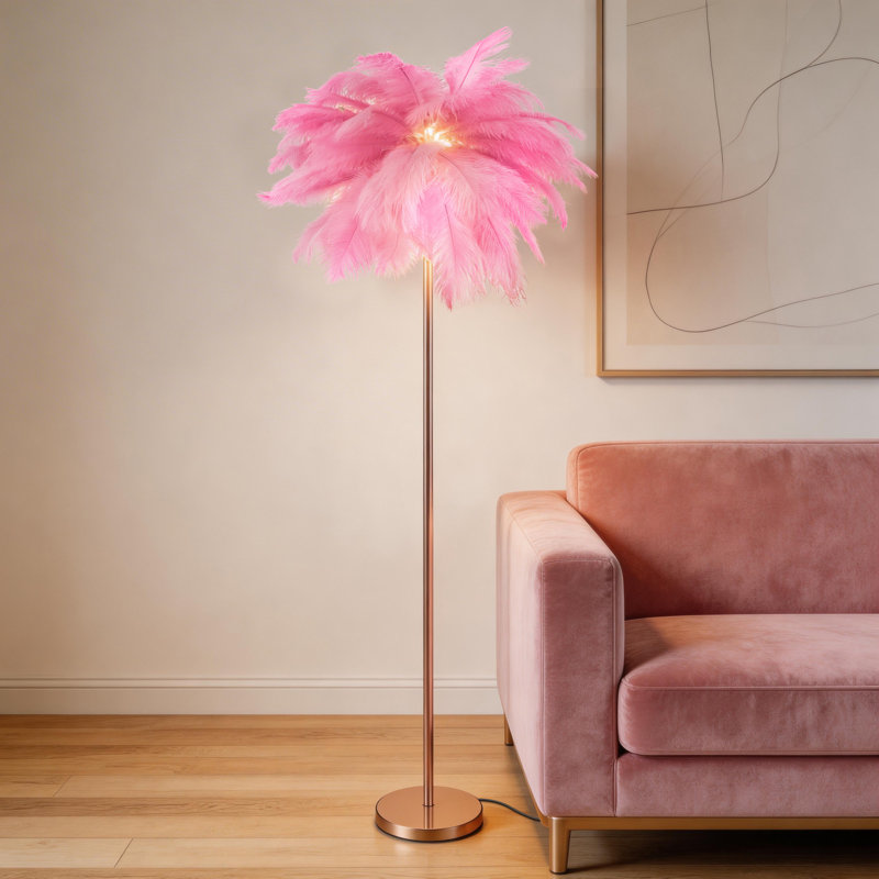 61'' LED Brass Feather Floor Lamp With Outlet, Pink