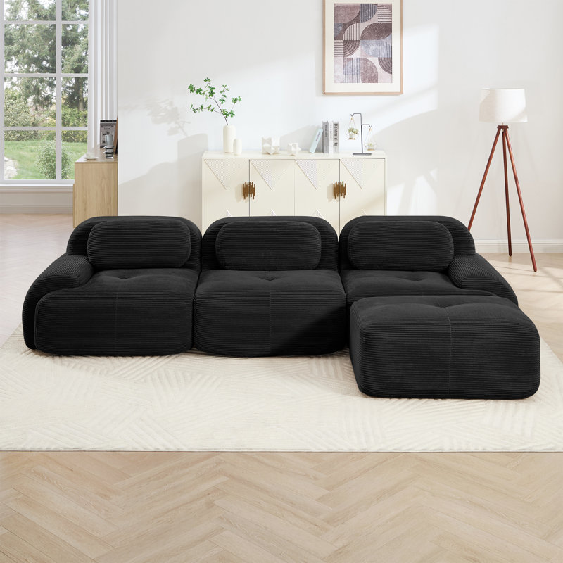 Canapé modulaire en forme de L Boneless en velours côtelé avec repose-pieds, Velours côtelé noir