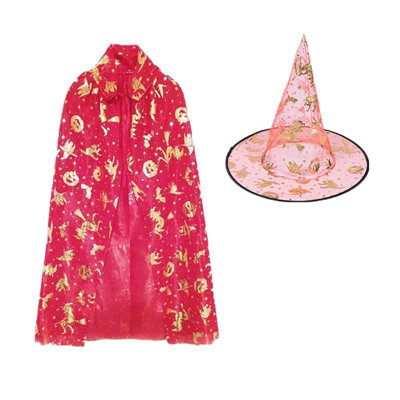 2pcs Kids Halloween Witch Cloak+hat Set, Five-pointed Star Cloak Party Halloween Costume