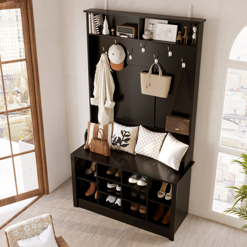 Keasal Hall Tree 39.4'' Wide with Bench and Shoe Storage, Black/Chrome