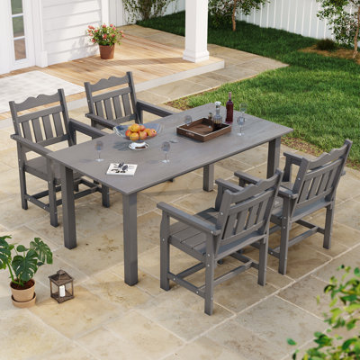 5 Piece Outdoor HIPS Dining Set, All-Weather Patio Table and Chairs W/ Umbrella Hole, Low Maintenance for Porch, Backyard