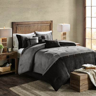 Édredon gris en faux suède avec coussins décoratifs et plateforme de lit 7 pièces