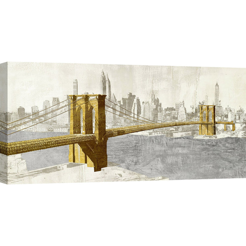 Gilded Brooklyn Bridge by Joannoo - No Frame Print on Canvas, 50cm H x 100cm W x 4cm D