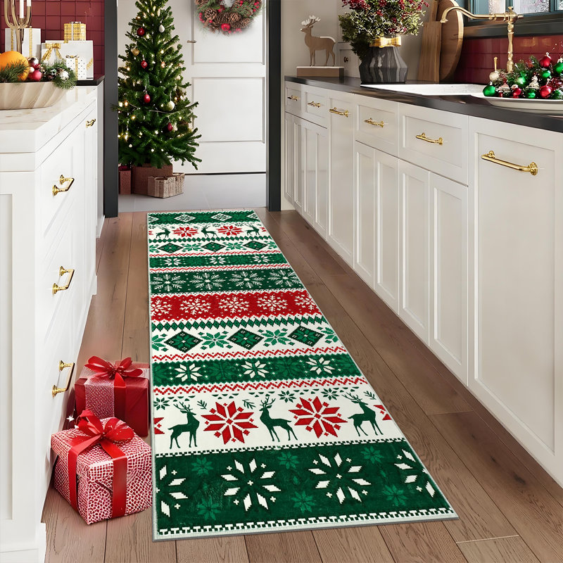 Christmas Rug Washable Rug with Non Slip Backing, Thin Foldable Short Pile Carpet, Soft Indoor Non Shedding Printed Mat Xmas Holiday Carpet for Living Room Bedroom