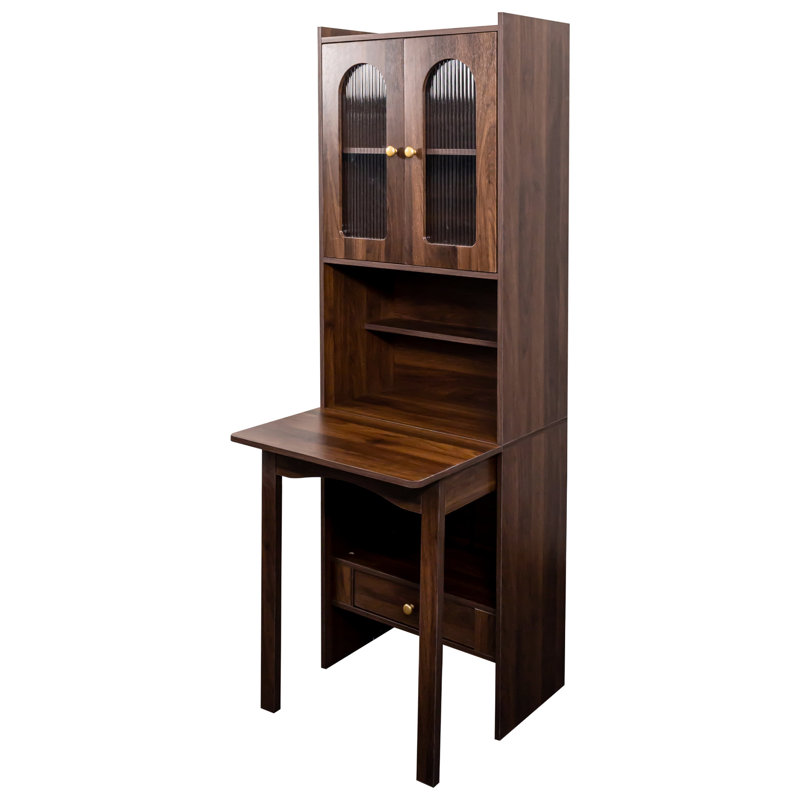 Armoire de bureau à domicile en noyer - Design dépliable avec tablette de rangement et tiroir en options multifonctionnelles