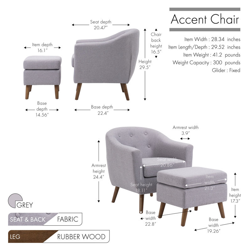 Arlaith Linen Upholstered Accent Chair with Ottoman, Rubberwood Legs, Gray Linen