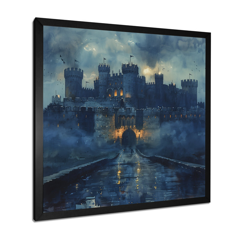 «Blue Middle Ages Castle at Night III - Fortress», art mural, Toile encadrée noire simple, H 30 po x l 30 po x P 1 po