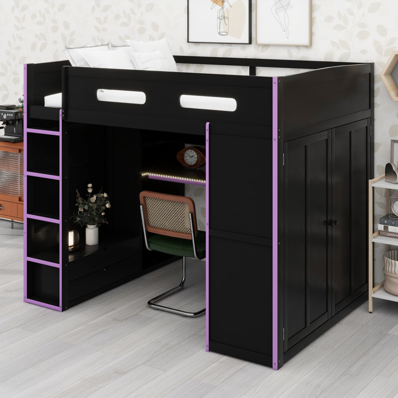 Lit mezzanine en bois avec bureau, armoire, grand espace de rangement et éclairage DEL RVB, Purple