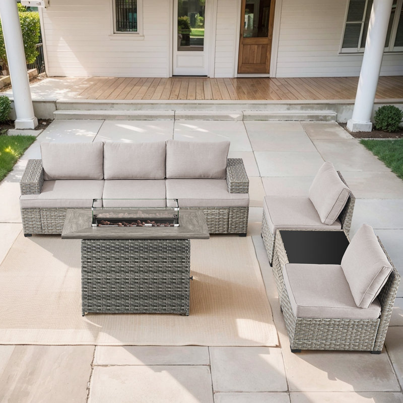 Clute Arnoltice 5 - Person Outdoor Wicker Rattan Patio Sofa Seating Group With Fire Pit, Armless Chairs And Side Table, Beige