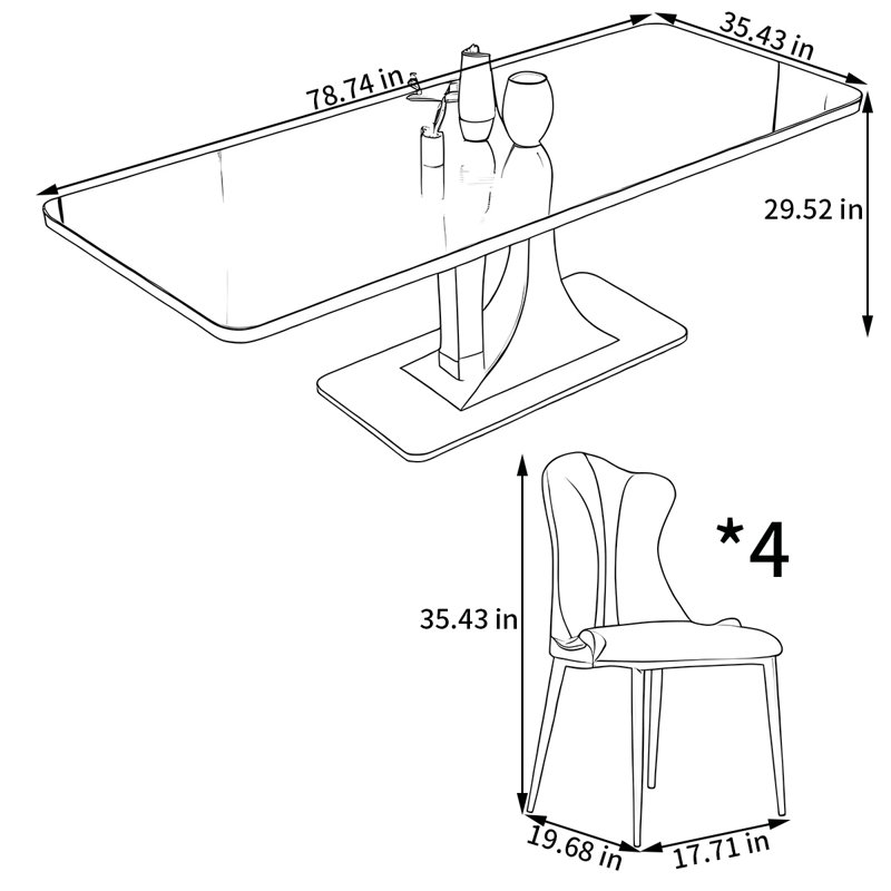 Ensemble de table de salle à manger rectangulaire et chaises, H 29,52 po x L 78,74 po x l 35,43 po