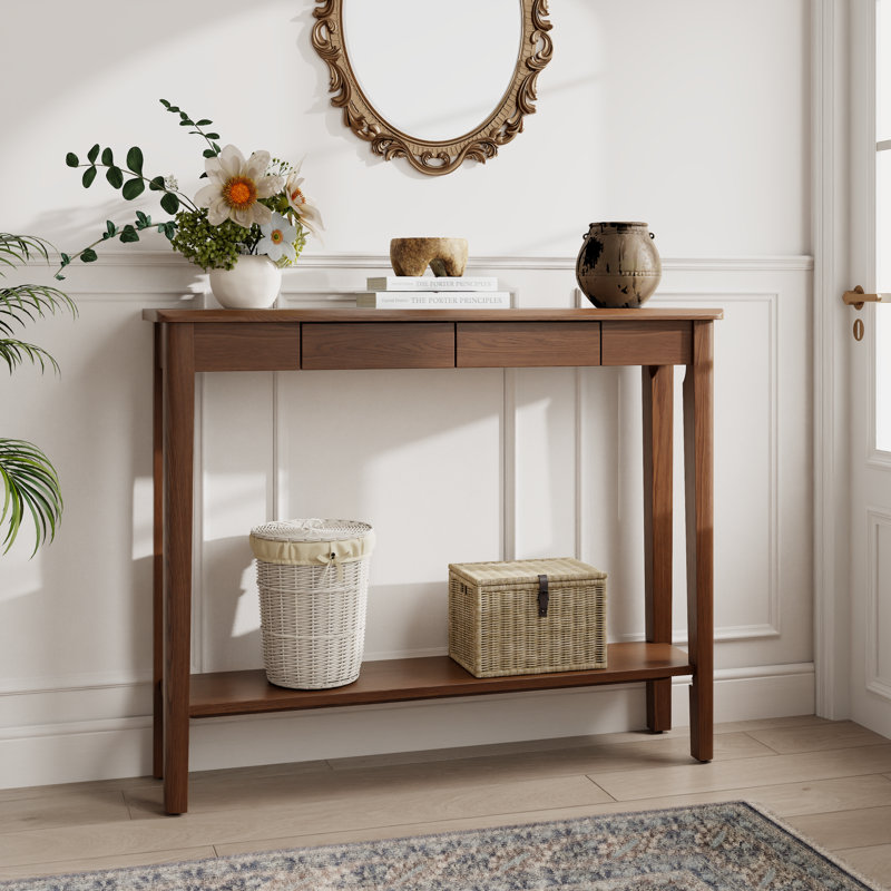 Solid Wood Console Table with Drawers, Mid Century Modern Entryway Table for Living Room and Hallway, Brown