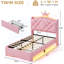 Cadre de lit simple à DEL avec tête de lit et tiroir de rangement, lit tapissier Princess avec station de charge et bouton et couronne en cristal, lit plateforme en velours pour filles, lattes en bois massif, pieds courbés, rose-1496893846-1496893841