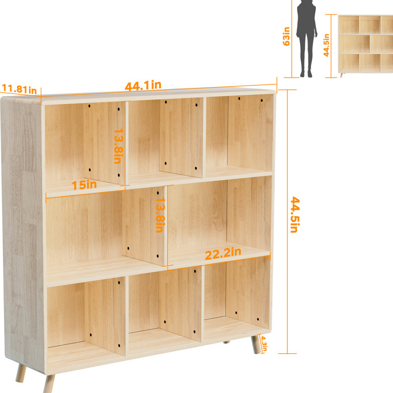 Bibliothèque en bois de pin L 44 po x H 44 po avec 8 compartiments, tablettes fixes et espace vertical