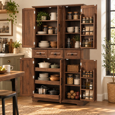 72" Tall Farmhouse Kitchen Pantry Cabinet with 3 Pull-Out Trays, 6 Door Racks & Adjustable Shelves, Freestanding Storage Cupboard